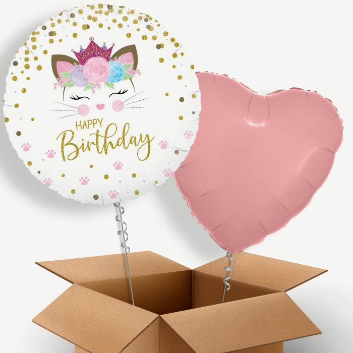 Floral Kitten Happy Birthday Helium Balloon Duo | Party Save Smile