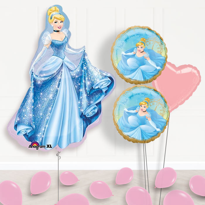 Cinderella Balloon Bouquet Delivered in a Box-Giant Balloon + 2 Themed Balloons + 1 Plain Balloon + Mini Balloons