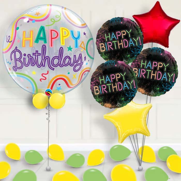 Neon Birthday Bubble Balloon with Balloon Bouquet - 1 x Bubble Balloon with 5 Bouquet (mixed) | Party Save Smile