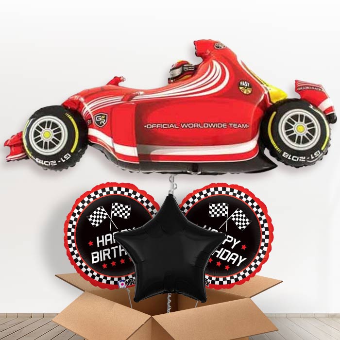 Happy Birthday Race Car Helium Balloon in a Box-1 x Giant Balloon and 2 Themed Balloons and 1 Plain Balloon