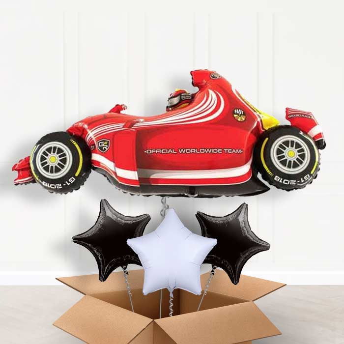 Happy Birthday Race Car Helium Balloon in a Box - With 3 Plain Balloons | Party Save Smile