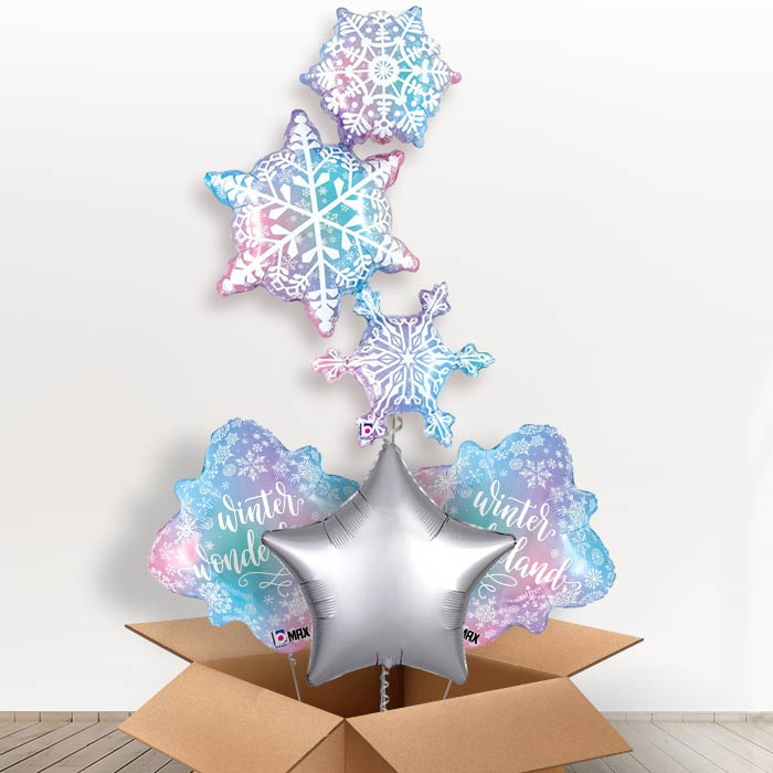 Giant Snowflake Trio Helium Balloon in a Box-1 x Giant Balloon and 2 Themed Balloons and 1 Plain Balloon