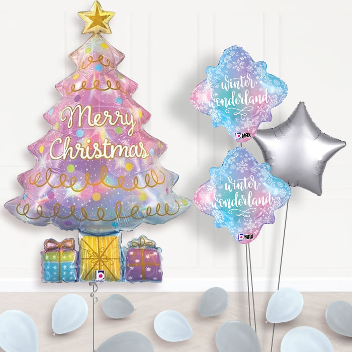 Christmas Tree Helium Balloon Bouquet Delivered-Giant Balloon + 2 Themed Balloons + 1 Plain Balloon + Mini Balloons