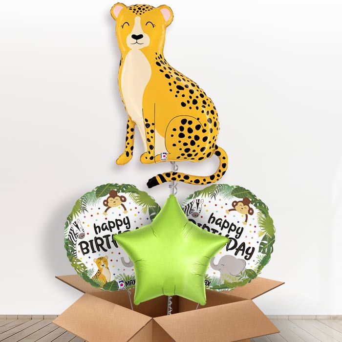 Shaped Cheetah Helium Balloon in a Box-1 x Giant Balloon and 2 Themed Balloons and 1 Plain Balloon