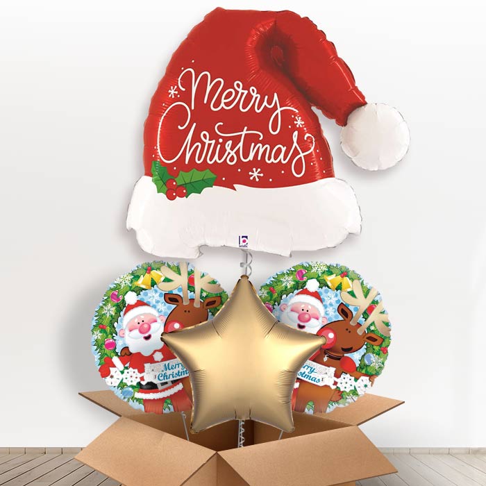 Santa Hat Merry Christmas Helium Balloon in a Box-1 x Giant Balloon and 2 Themed Balloons and 1 Plain Balloon