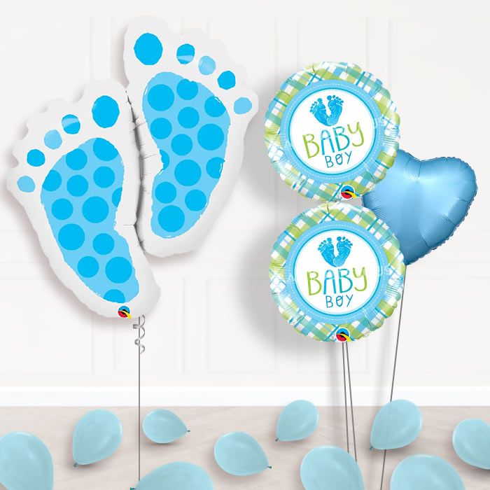 Blue Baby Feet Baby Shower Balloon Bouquet-Giant Balloon + 2 Themed Balloons + 1 Plain Balloon + Mini Balloons