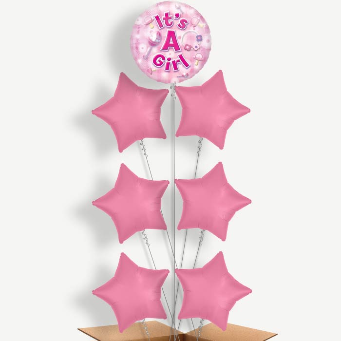 New Baby Girl Balloon Arrangement Inflated with Helium | Party Save Smile