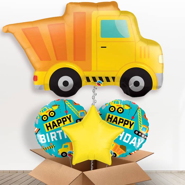 Dump Truck Helium Balloons in a Box-1 x Giant Balloon and 2 Themed Balloons and 1 Plain Balloon