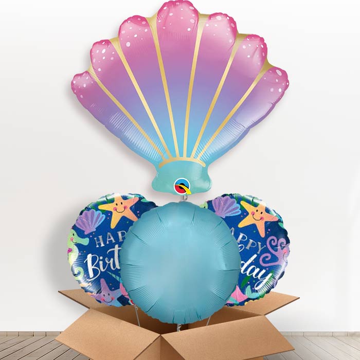Ombre Seashell Helium Balloons in a Box-1 x Giant Balloon and 2 Themed Balloons and 1 Plain Balloon