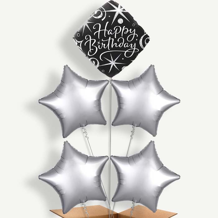 Black & Silver Happy Birthday Helium Cluster Balloons | Party Save Smile