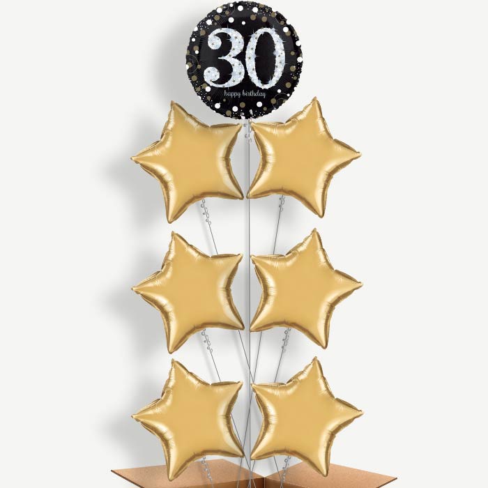 Black & Gold 30th Birthday Helium Balloon Arrangement | Party Save Smile