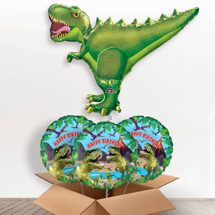 Green T-Rex Helium Balloon in a Box - With 3 Themed Balloons | Party Save Smile