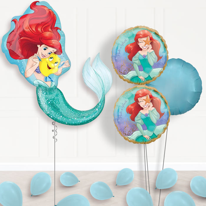 Little Mermaid Helium Balloon Bouquet Delivered-Giant Balloon + 2 Themed Balloons + 1 Plain Balloon + Mini Balloons