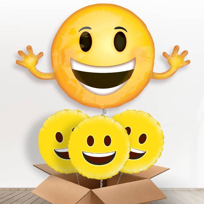 Giant Smiling Emoji Helium Balloon in a Box - With 3 Themed Balloons | Party Save Smile