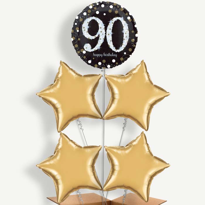 Gold 90th Birthday Balloon Cluster Inflated with Helium | Party Save Smile