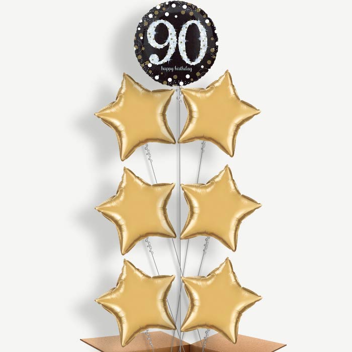 Gold 90th Birthday Balloon Arrangement Inflated with Helium | Party Save Smile
