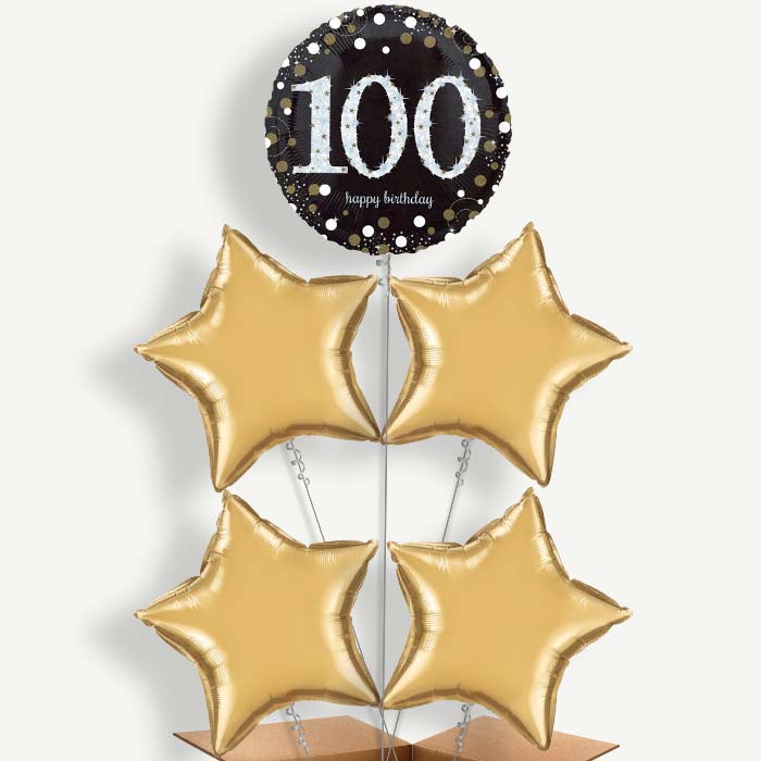 Gold & Black 100th Birthday Helium Cluster Balloons | Party Save Smile
