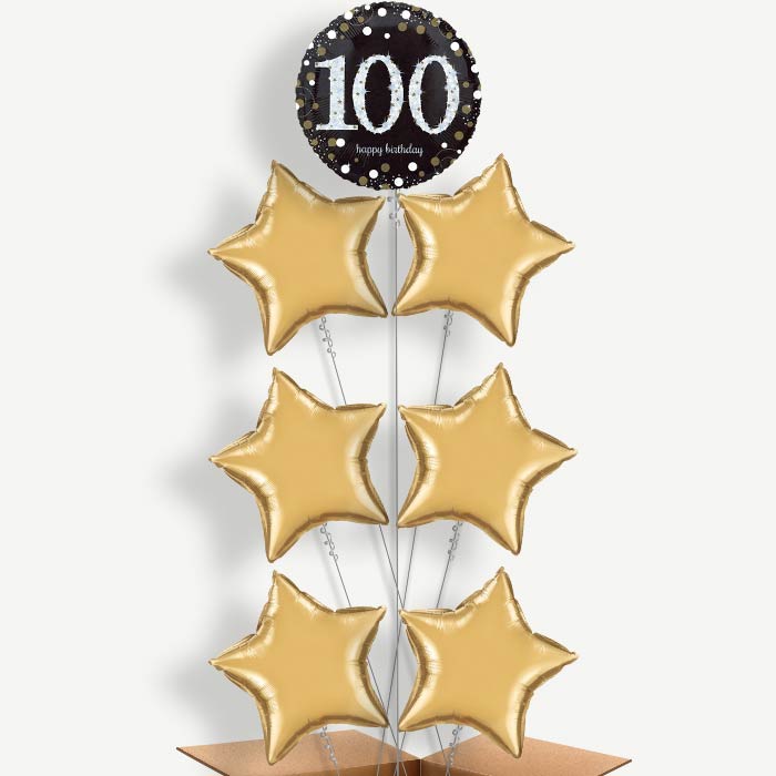Gold & Black 100th Birthday Helium Balloon Arrangement | Party Save Smile