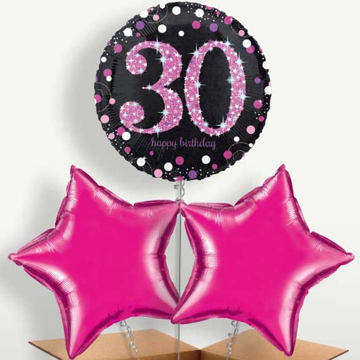 Pink 30th Birthday Balloon Bunch inflated with Helium | Party Save Smile
