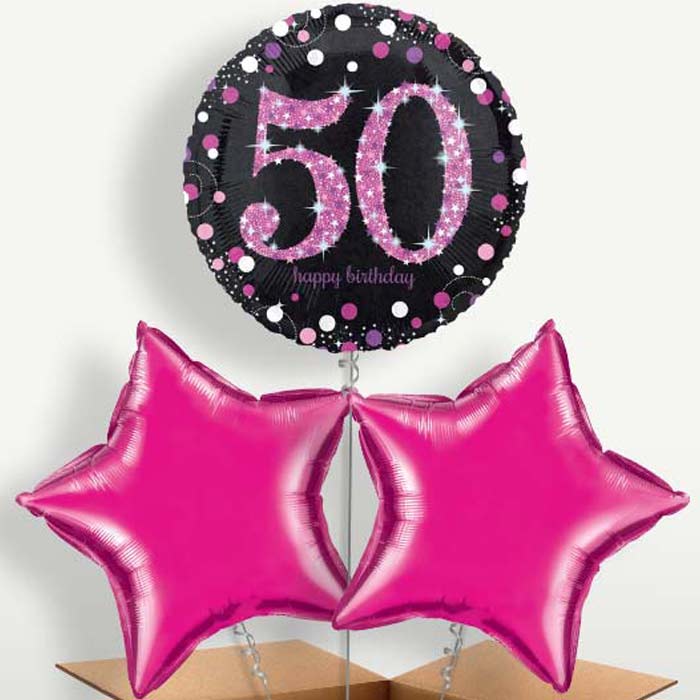 Pink 50th Birthday Balloon Bunch inflated with Helium | Party Save Smile