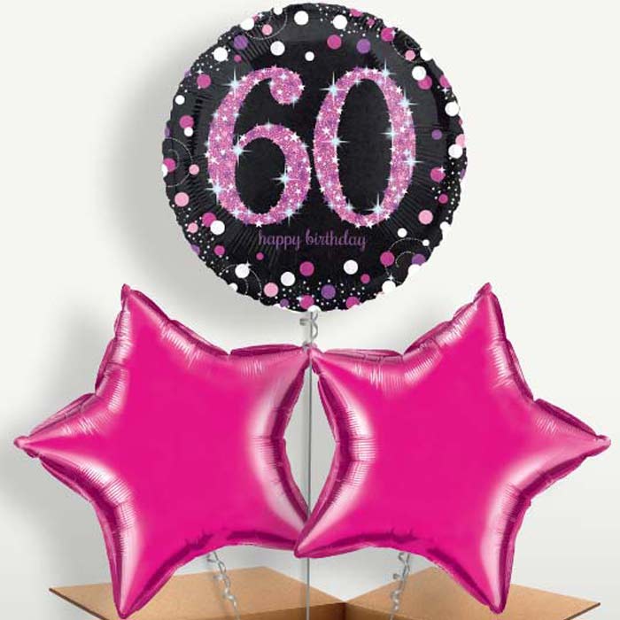 Pink 60th Birthday Balloon Bunch inflated with Helium | Party Save Smile