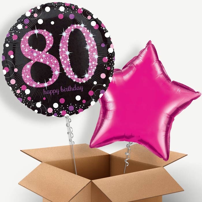 Pink Sparkle Happy 80th Birthday Helium Balloon Couple | Party Save Smile
