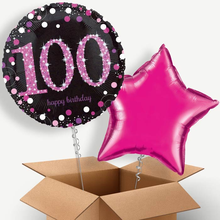 Pink Sparkle 100th Birthday Helium Balloon Couple | Party Save Smile