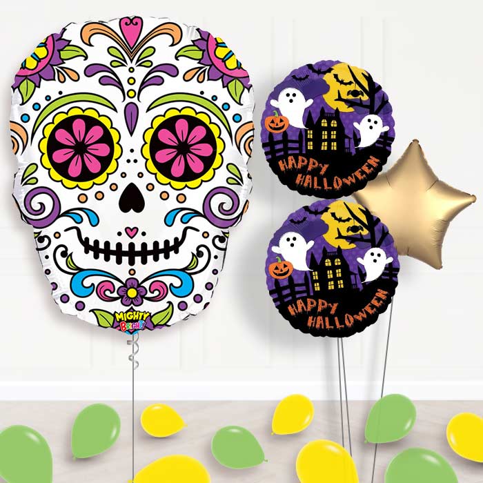 Giant Skull Day of the Dead Helium Balloons in a Box-Giant Balloon + 2 Themed Balloons + 1 Plain Balloon + Mini Balloons
