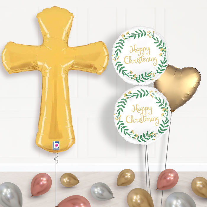 Gold Christening Cross Helium Balloon Bouquet Delivery-Giant Balloon + 2 Themed Balloons + 1 Plain Balloon + Mini Balloons
