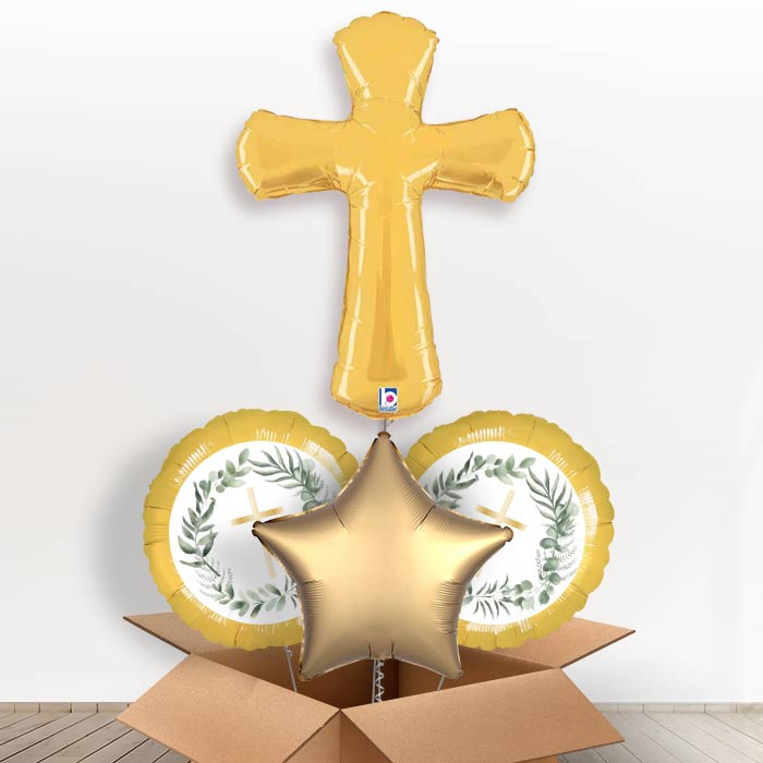 Gold Cross Shaped Helium Balloon in a Box-1 x Giant Balloon and 2 Themed Balloons and 1 Plain Balloon