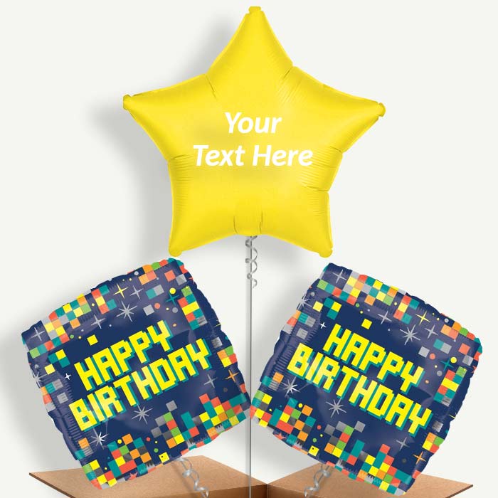 Personalisable Pixel Happy Birthday Helium Balloons | Party Save Smile
