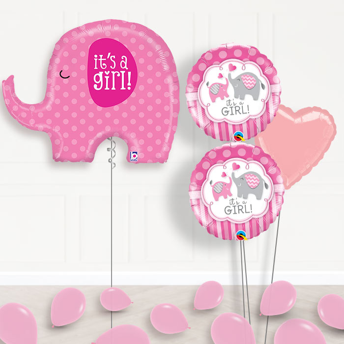 Pink Elephant Its a Girl Balloon Bouquet Delivered-Giant Balloon + 2 Themed Balloons + 1 Plain Balloon + Mini Balloons