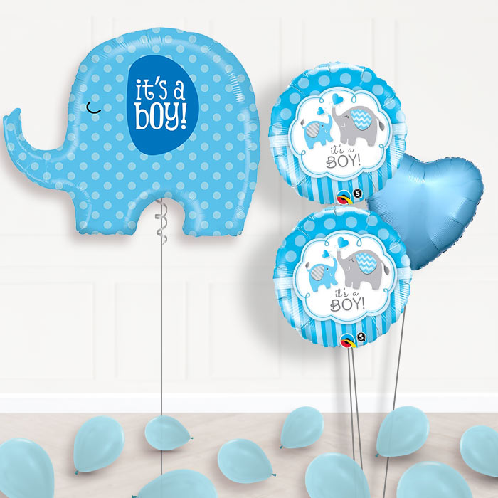 Giant Elephant Baby Boy Balloons Bouquet in a Box-Giant Balloon + 2 Themed Balloons + 1 Plain Balloon + Mini Balloons