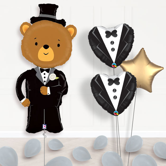 Groom Balloon Bouquet in a Box - Bear-Giant Balloon + 2 Themed Balloons + 1 Plain Balloon + Mini Balloons