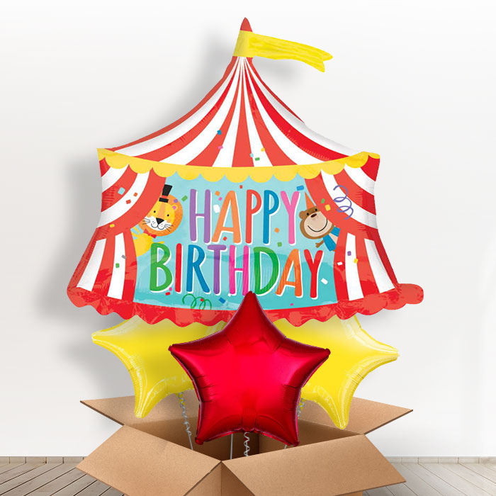 Circus Birthday Helium Balloons in a Box - With 3 Plain Balloons | Party Save Smile