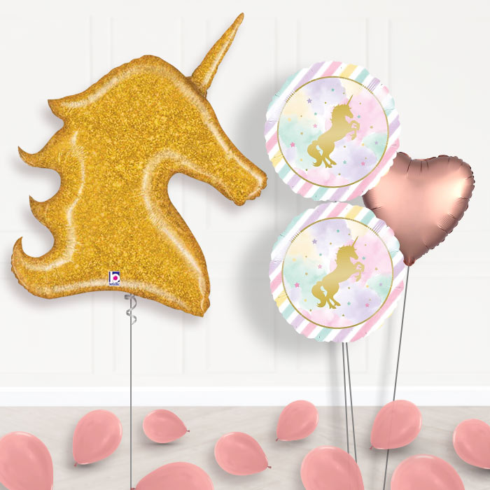 Gold Unicorn Balloon Bouquet Delivery in a Box-Giant Balloon + 2 Themed Balloons + 1 Plain Balloon + Mini Balloons
