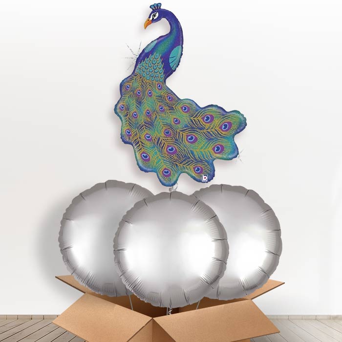 Giant Peacock Helium Balloon in a Box - With 3 Plain Balloons | Party Save Smile