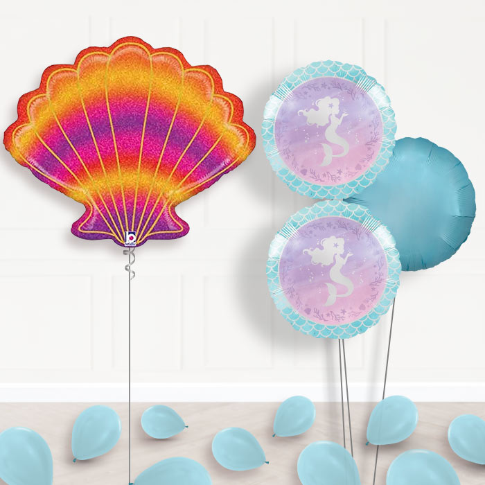 Glitter Seashell Inflated Helium Balloons Delivered-Giant Balloon + 2 Themed Balloons + 1 Plain Balloon + Mini Balloons