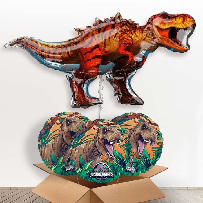 Jurassic World T-Rex Helium Balloon in a Box - with 3 Themed Balloons | Party Save Smile
