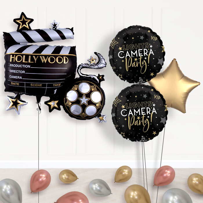 Lights Camera Action Balloon Bouquet Delivery-Giant Balloon + 2 Themed Balloons + 1 Plain Balloon + Mini Balloons