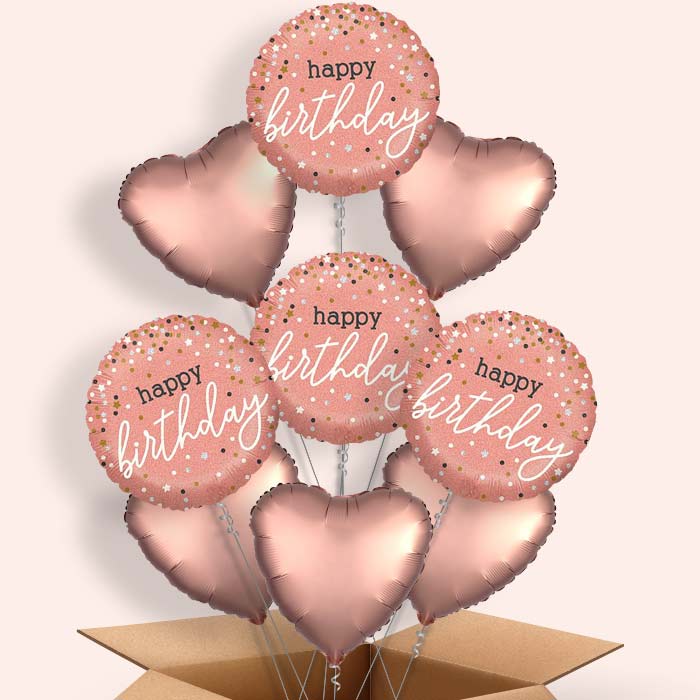 Rose Gold Happy Birthday Helium Balloons in a Box - 9 Balloon | Party Save Smile