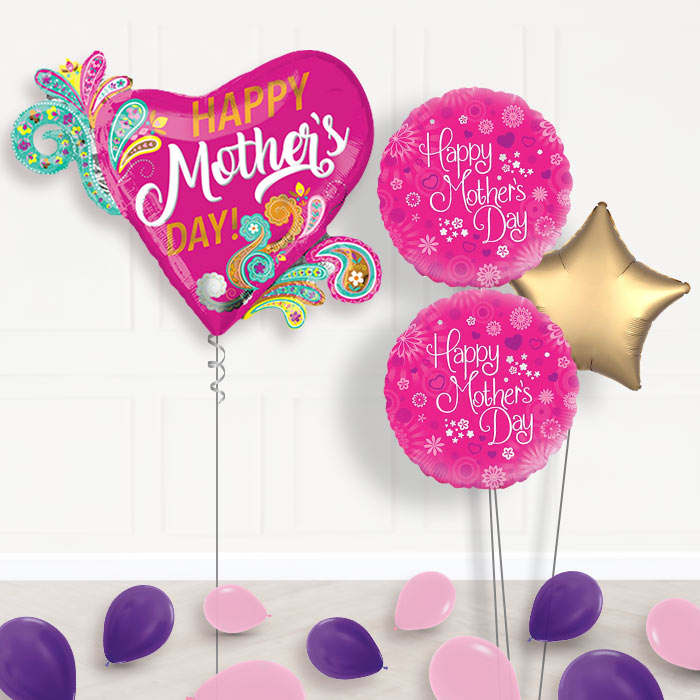 Mothers Day Balloon Bouquet in a Box - Hearts-Giant Balloon + 2 Themed Balloons + 1 Plain Balloon + Mini Balloons