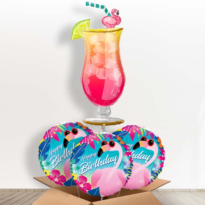 Birthday Tropical Cocktail Helium Balloon in a Box - With 3 Themed Balloons | Party Save Smile