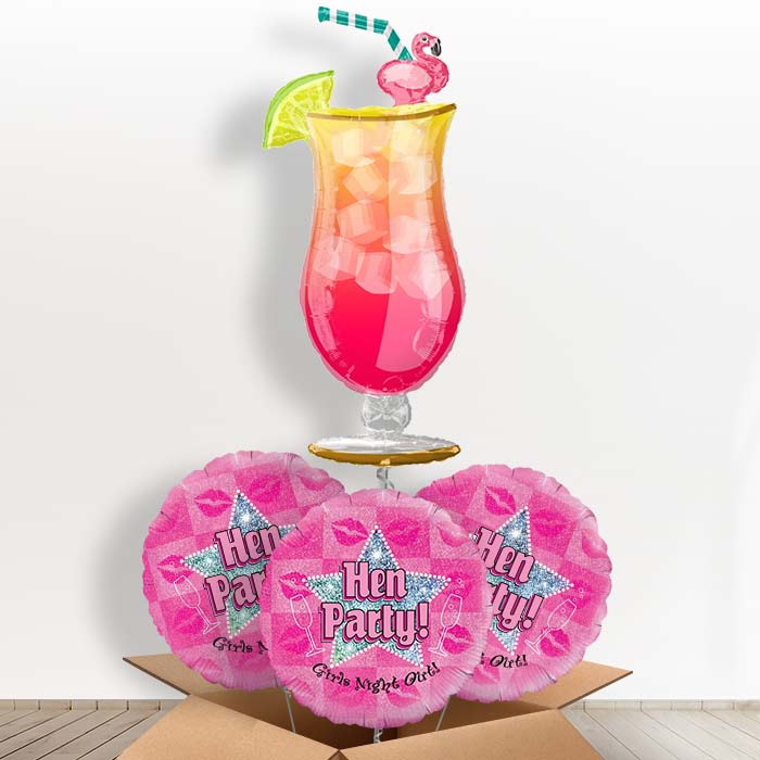 Hen Party Tropical Cocktail Helium Balloon in a Box - With 3 Themed Balloons | Party Save Smile