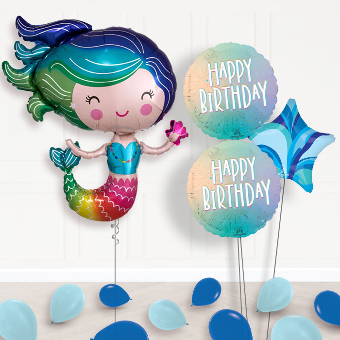 Colorful Mermaid Balloon Bouquet Delivery-Giant Balloon + 2 Themed Balloons + 1 Plain Balloon + Mini Balloons