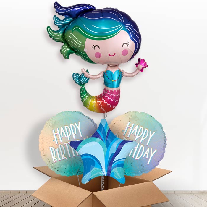 Colorful Mermaid Helium Balloon in a Box-1 x Giant Balloon and 2 Themed Balloons and 1 Plain Balloon