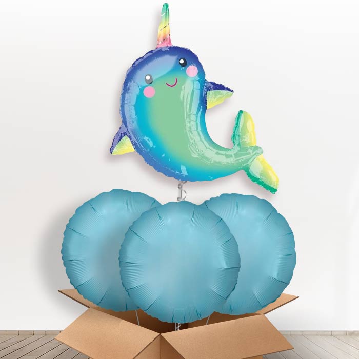 Giant Narwhal Helium Balloon in a Box - With 3 Plain Balloons | Party Save Smile