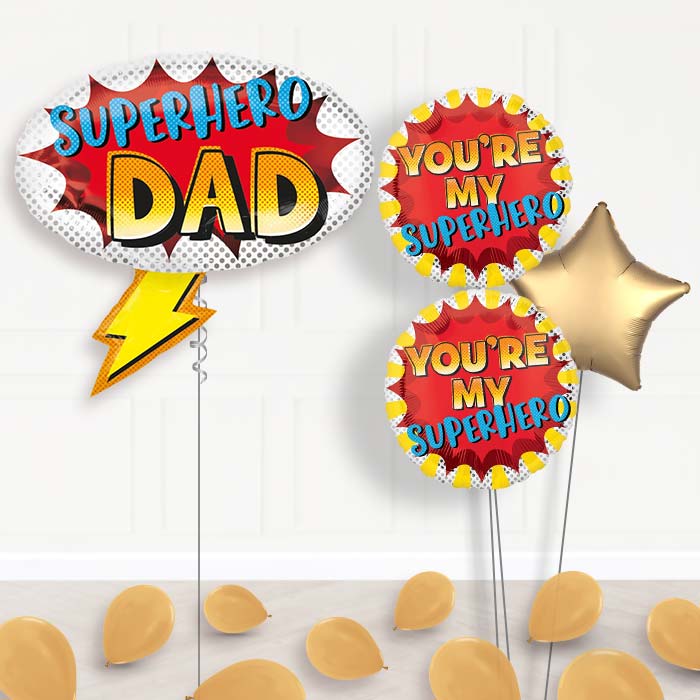 Superhero Dad Helium Balloon Bouquet Delivered Inflated-Giant Balloon + 2 Themed Balloons + 1 Plain Balloon + Mini Balloons