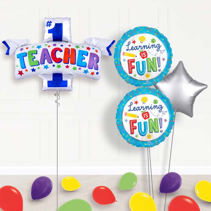 #1 Teacher Balloon Bouquet Delivery-Giant Balloon + 2 Themed Balloons + 1 Plain Balloon + Mini Balloons