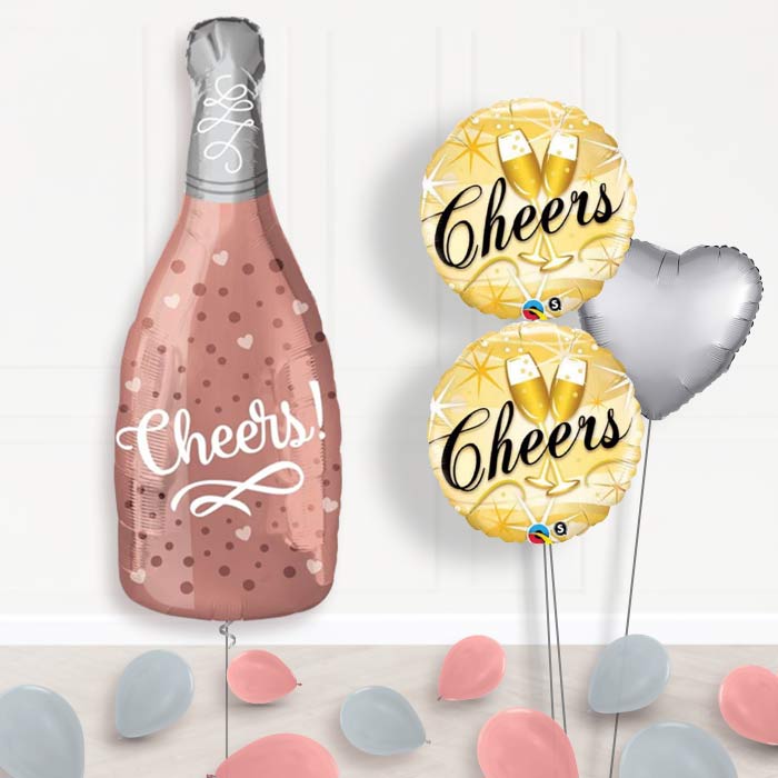 Rose Gold Champagne Bottle Balloon Display-Giant Balloon + 2 Themed Balloons + 1 Plain Balloon + Mini Balloons